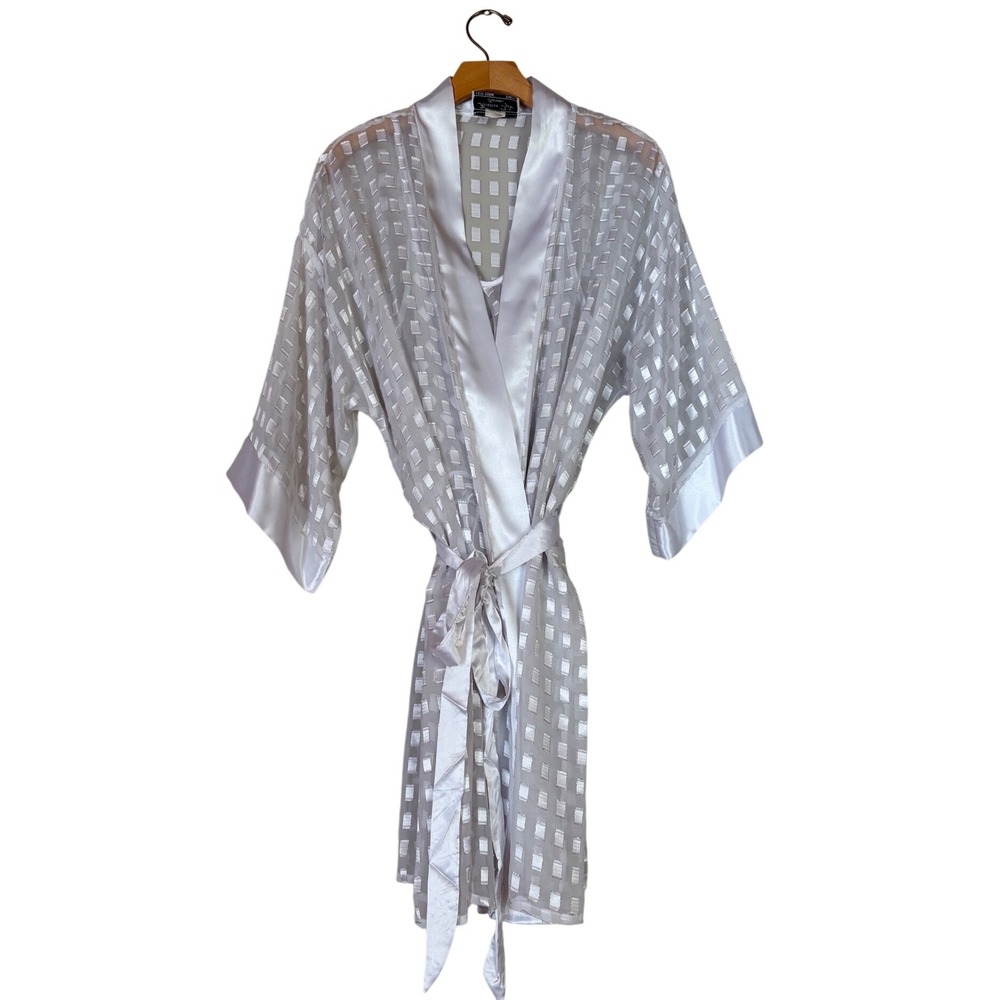Kristine Tyler White Sheer Checkered Gold Robe and Nightgown Set Medium One Size